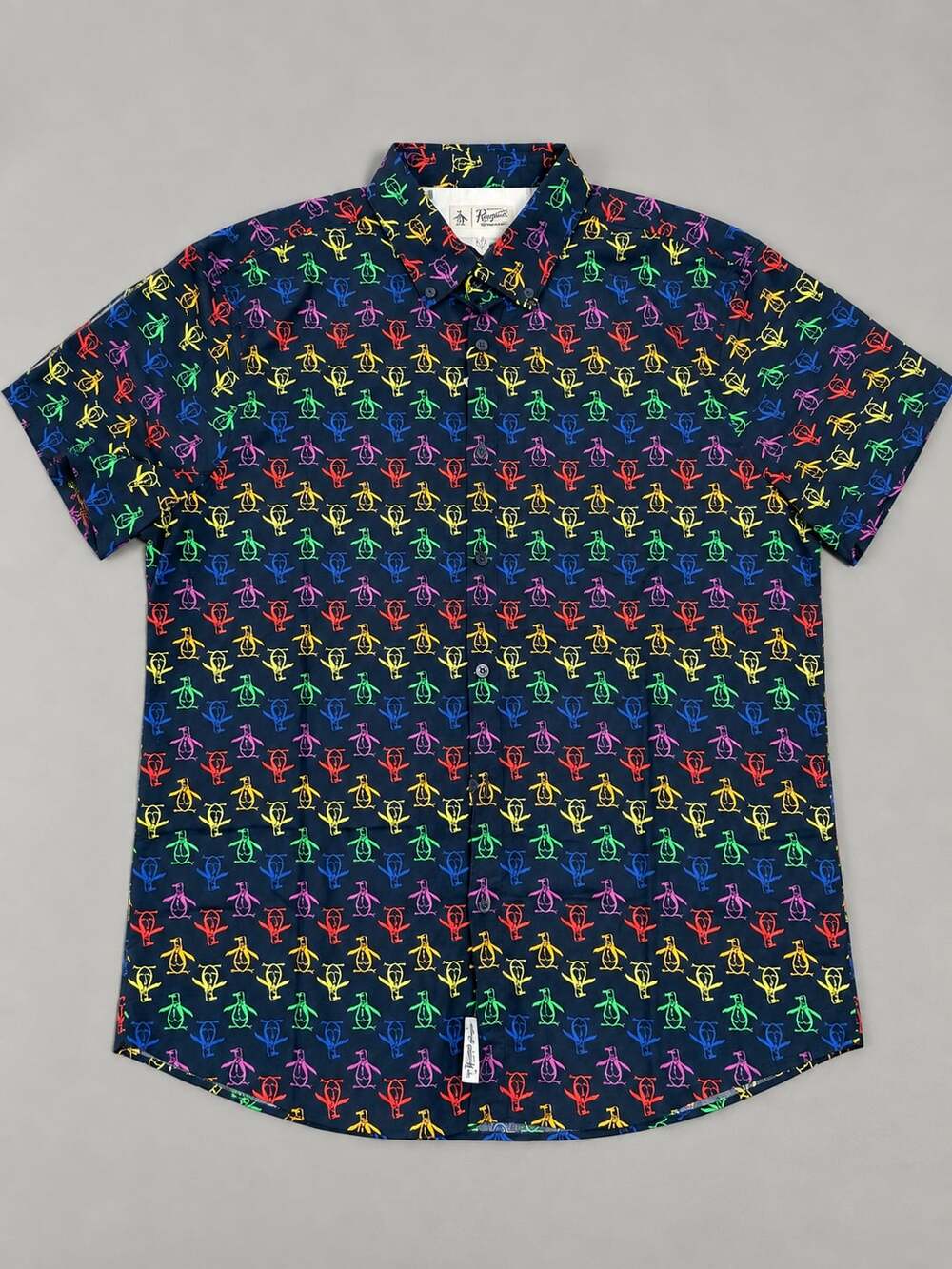 Original Penguin Men's Navy Blue Rainbow Short Sleeve Button Down Shirt